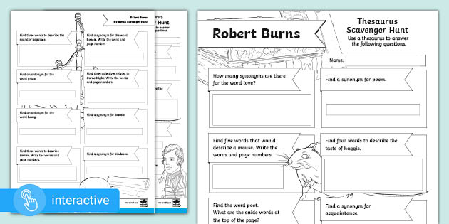 Interactive Pdf Robert Burns Thesaurus Scavenger Hunt Worksheet