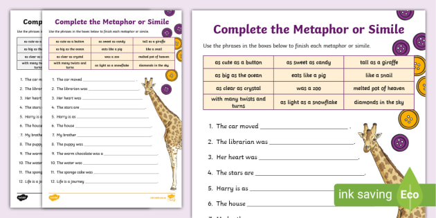 Complete The Metaphor Or Simile Figurative Language