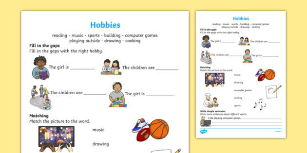 Hobbies Worksheet / Worksheet - Literacy - Twinkl