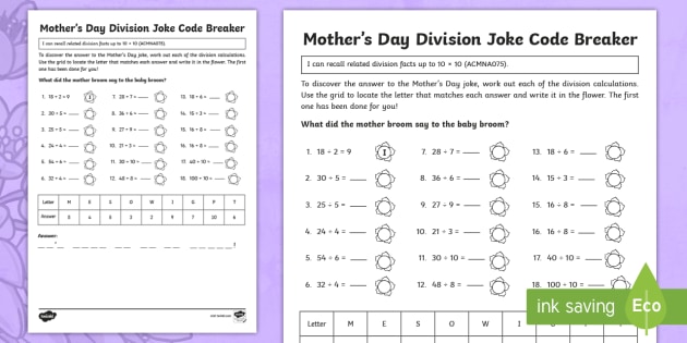 Mother's Day Joke Code Breaker | Year 4 Division Worksheet