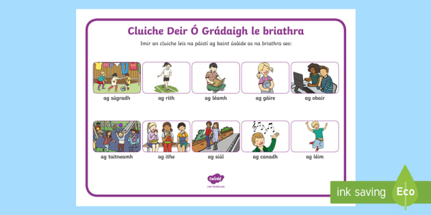 Cluiche Deir Ó Grádaigh le briathra Word Mat Gaeilge