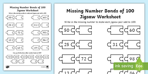 missing-number-bonds-of-100-jigsaw-worksheet-twinkl for Free Printable Number Bond Worksheets 👉 Missing Number Bonds of 100 Jigsaw Worksheet - Twinkl for Free Printable Number Bond Worksheets