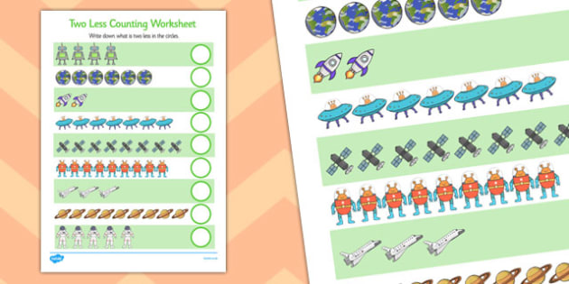 Space Themed Two Less Counting Worksheet -maths, numeracy, KS1, key stage 1