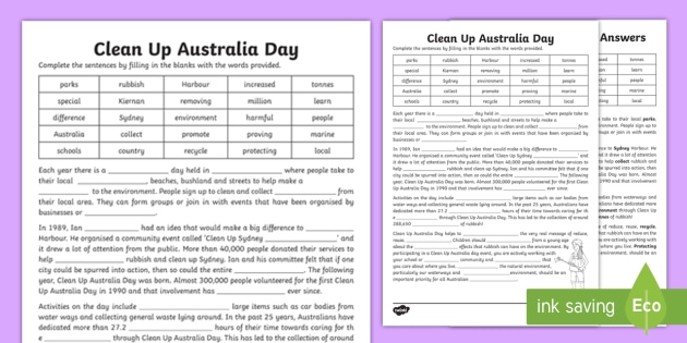 clean up australia day year 3 6 cloze worksheet australia