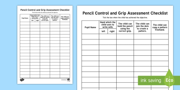 exercises b english junior Control Junior Checklist Grip  Pencil and Assessment