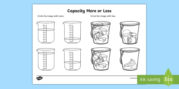 capacity more or less worksheet worksheet capacity matching cards