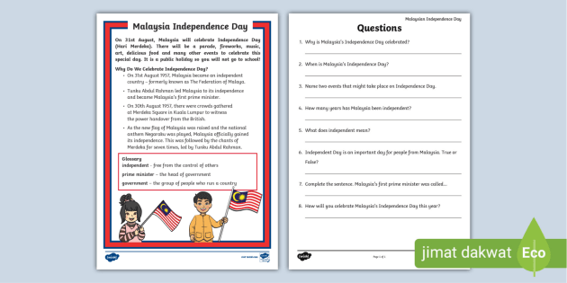 Activity　sheet　Day　Independence　Malaysia　Comprehension