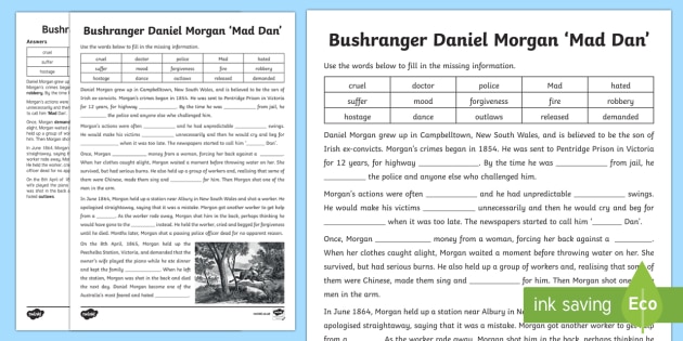 Bushranger Daniel Morgan Cloze Worksheet / Worksheet-Australia