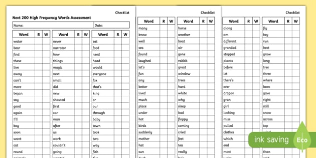 Next 200 Words Assessment Checklist