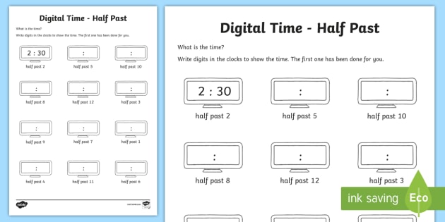 digital time half past worksheet worksheet