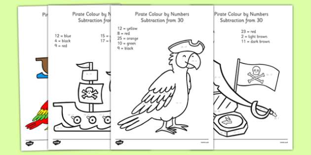 pirate themed subtraction from 30 colournumbers