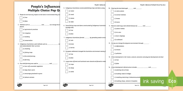 Influences of People Multiple Choice Pop Quiz (teacher made)