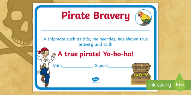 certificate with private sample key Bravery pirate  day pirate, skills, Certificate brave, Pirate