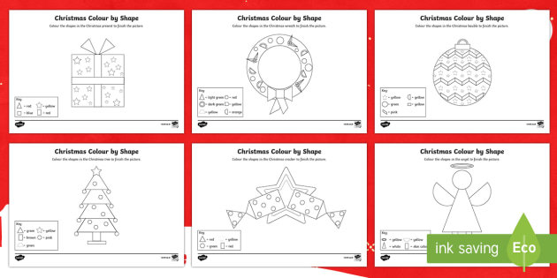 christmas themed colour2d shape worksheet / worksheet