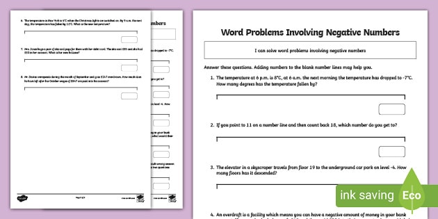 word problems involving negative numbers teacher made