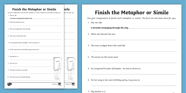 finish the metaphors and similes worksheet teacher made