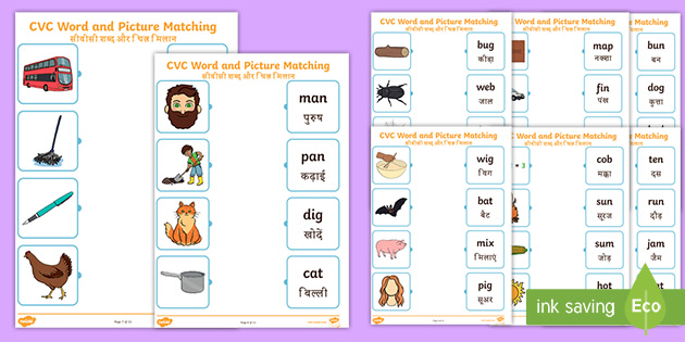 cvc word and picture matching worksheets mixed english hindi