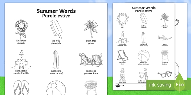 Summer Differentiated Words Coloring Sheet English Italian