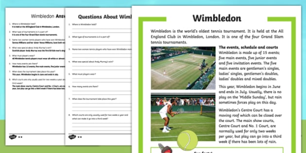 KS1 Wimbledon Differentiated Reading Comprehension Activity