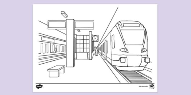 FREE Train Station With Train Arriving Colouring Sheet