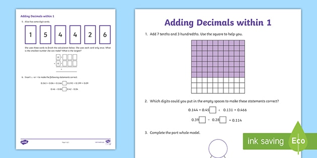 adding decimals within 1 worksheet teacher made