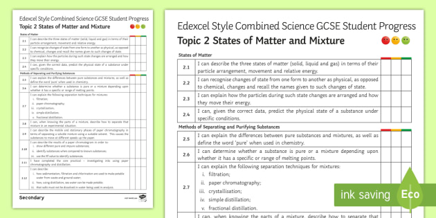 Edexcel-Style Combined Science (Chemistry) States of Matter Student Progress Sheet