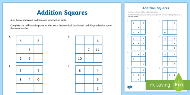 Addition Squares Worksheet Teaching Resources