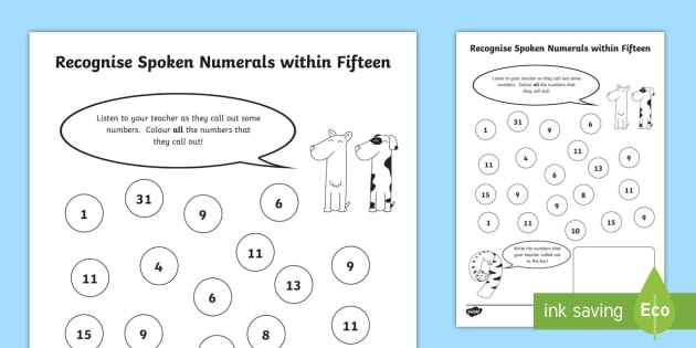 recognising spoken numerals within 15 focusing on 9 and 11 worksheet