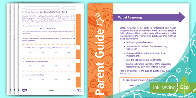 11 Verbal Reasoning Practice Paper Three Letter Words 3 Assessment Pack