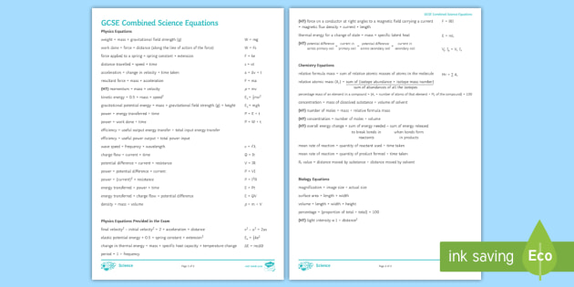 Combined Science GCSE Equations Sheet