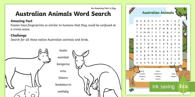 Australia Word Search | Australian Animals Word Search