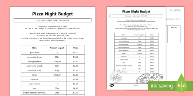 Pizza Night Budget Worksheet / Worksheet (teacher made)