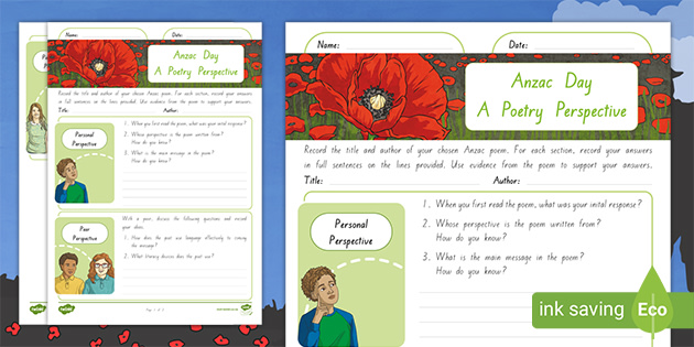 Anzac Day A Poetry Perspective Activity Teacher Made