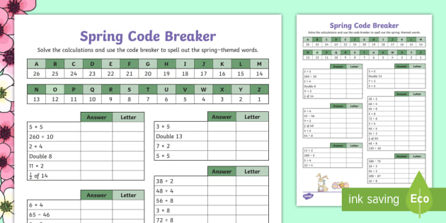 Spring Themed Maths Code Breaker Calculations Worksheet