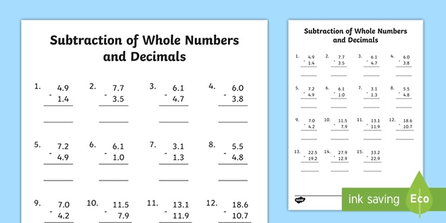 subtraction-of-whole-numbers-and-decimals-worksheet
