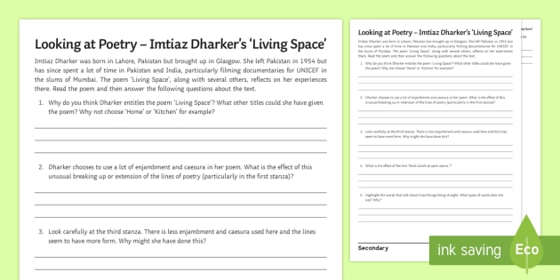 Gcse Living Space By Imtiaz Dharker Worksheet Revision