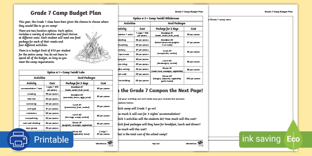 class camp budget plan worksheet teacher made