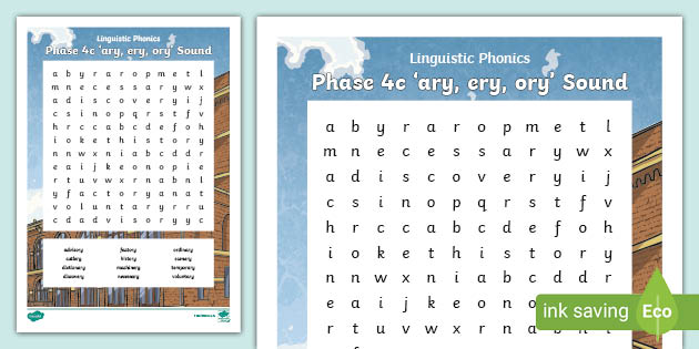 Linguistic Phonics Phase 4c 'ary, ery, ory' Word Search