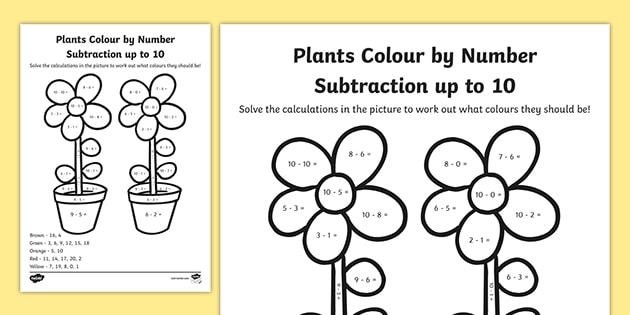 free  plants colouringnumbers subtraction up to 10
