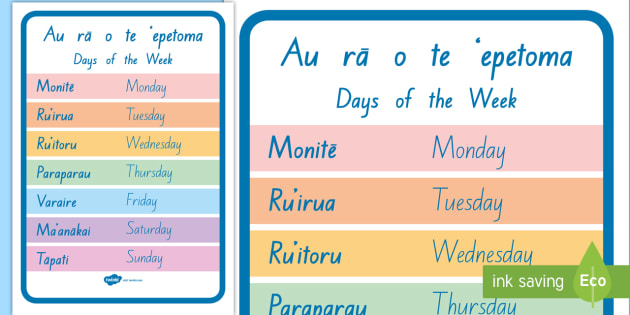 Days Of The Week In Cook Islands Maori Poster
