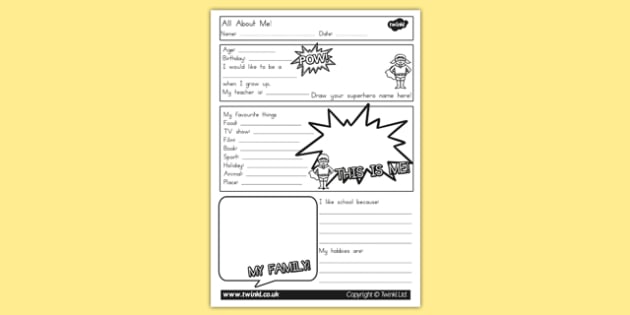 All About Me Worksheet - ourselves, myself, feeling, emotions