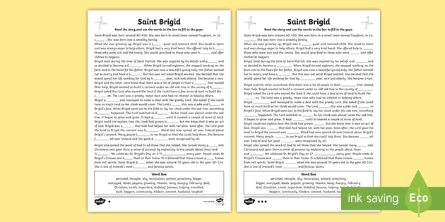 Saint Brigid Cloze Worksheet Teacher Made