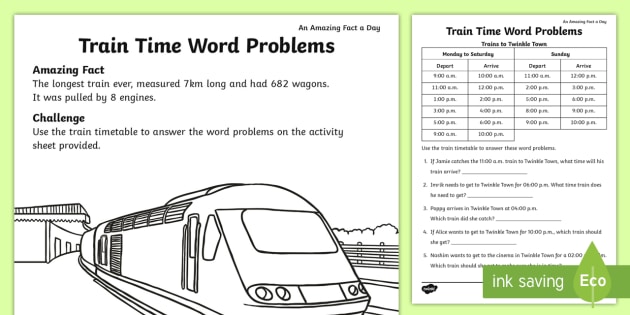 train time word problems worksheet teacher made