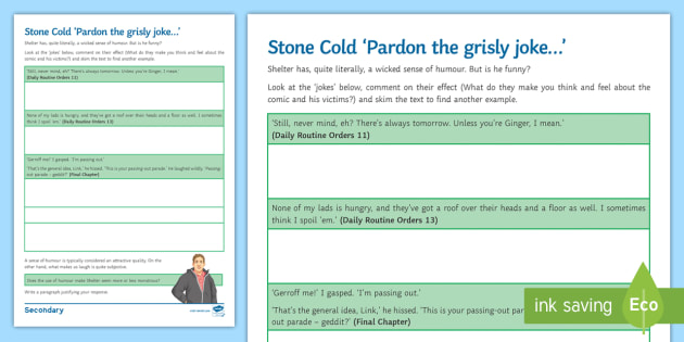 Stone Cold Worksheets.pdf Shelter's Humour Worksheet / Worksheet to Support Teaching On 'Stone ...