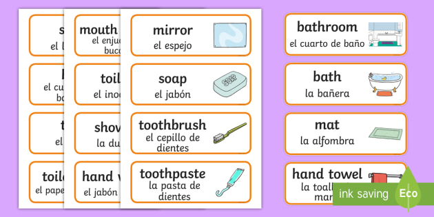 bathroom vocabulary word cards - english / spanish - bathroom