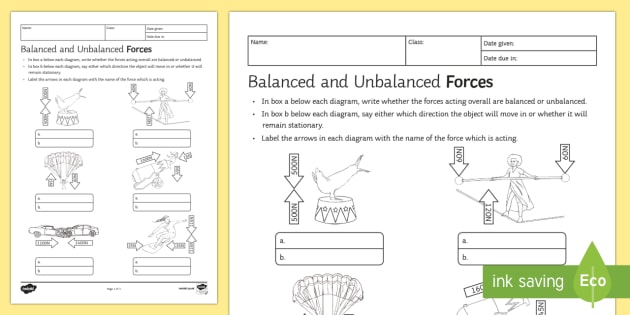 Balanced and Unbalanced Forces Homework Worksheet / Activity