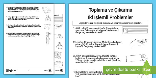 İki İşlemli Problemler Toplama ve Çıkarma Twinkl 