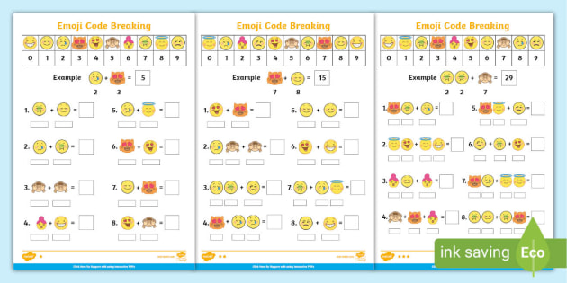 emoji addition crack the secret code maths worksheets