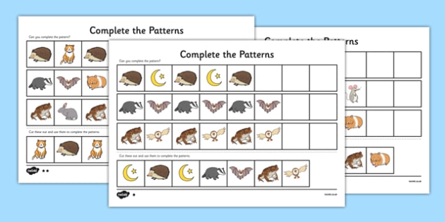 Nocturnal Animals Complete the Pattern Worksheet - Twinkl