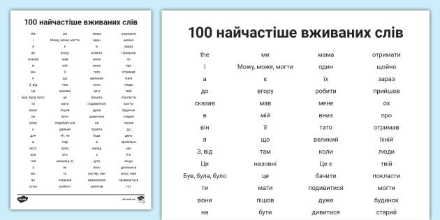 FREE Ukrainian Translation 100 High Frequency Word List